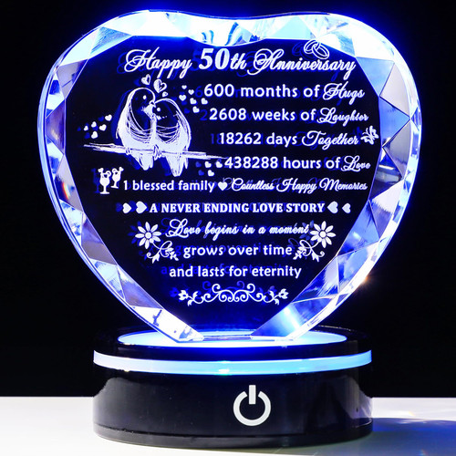 YWHL 50th Wedding Anniversary Crystal Heart Gifts for Parents Couple, Laser Engraved Romantic 50 Year Anniversary Crystal Keepsake Gifts for Wife Husband, 50 Years of Marriage Gift for Her Him