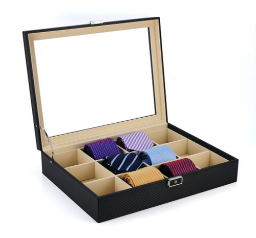 Tie Display Case for 12 Ties, Belts, and Men's Accessories Black Carbon Fiber Storage Box Father's Day Tie Display Case for 12 Ties, Belts, and Men's Accessories Black Carbon Fiber Storage Box Father's Day
