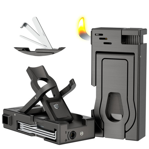 FANKAI Multifunctional Pipe Lighter, Built-in Stand, 3 in 1 Cleaner Tools, Refillable Butane Lighter with Angled Soft Flame, Handy, Gas, for Pipe Gift