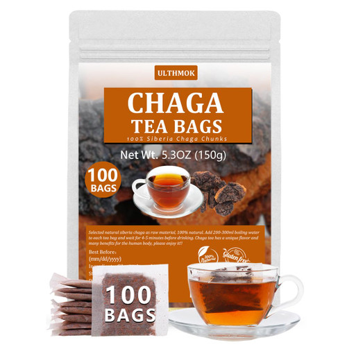 Premium 100 Chaga Tea Bags,100% Pure Siberian Wild Harvest Chaga Mushroom,No Additives,Caffeine Free.
