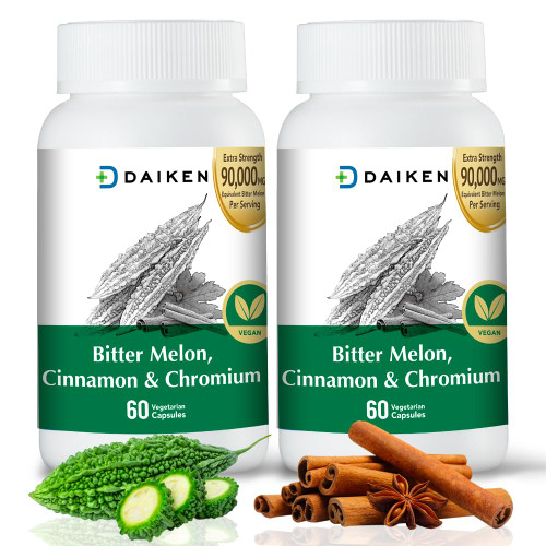 DAIKEN Bitter Melon 90,000 mg Equivalent, Enriched with Cinnamon, Chromium & Zinc, 100% Vegetarian Bitter Melon Capsules, 60 Capsules (Pack of 2)