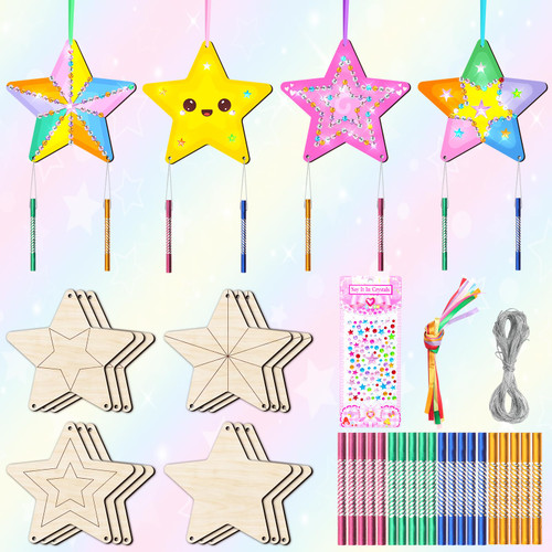 TREACLUB 12 Pack Star Wind Chime Kits for Kids, Make Your Own Star Wind Chime Wooden Craft for Girls Boys DIY Coloring Wood Art and Craft for Birthday Gift Party Decoration