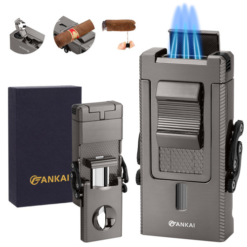 FANKAI Cigar Lighter, Multi-Tool Torch Lighter with Sliding Cigar V Cutter, Cigar Holder Cigar Poker Cigar Accessories, Butane Lighter Triple Jet Flame, Cool Lighter Gift for Men (Gray)