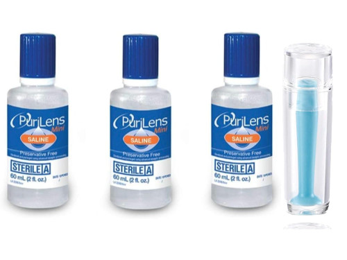 JT HOME - PuriLens Preservative Free 4 oz Saline Solution - Pack of 6 - with Hard Contact Lense Remover Tool for RGP and Scleral Lenses Plunger Suction Cup (3 Count minis)