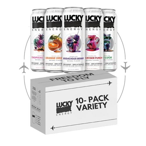 Lucky Energy Sugar Free Energy Drinks 19.2 Fl Oz Cans (Pack of 10) Healthy Energy Drink Variety Pack With Five Flavors, with Maca, Ginseng, Taurine, Beta-Alanine, 200mg Caffeine (Packaging May Vary)