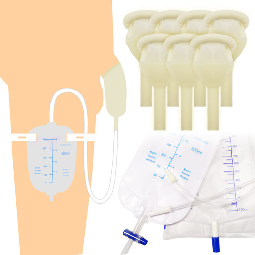 Latex Condom Catheter External self-Sealing Set, 1 Premium Leg Bag tubing, 1 Premium Urine Bag, 7 Condoms, Day and Night use Quick and Easy Drainage, no backflow, no Leakage (40mm/1.58inch)