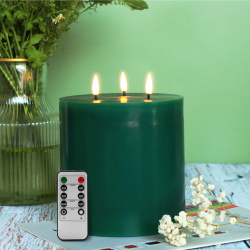 duduta 3 Wick Green Flameless Pillar Candles with Remote Timer, Real Wax 6" x 6" Flickering LED Battery Candle