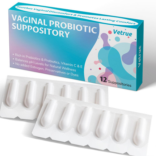 vetrue Vaginal Probiotic Suppository, Feminine Health for Comfort, pH Balance, Odor Control - Prebiotic & Probiotic Strains Support for Healthy Vaginal Flora, Moisturizer for Intimate Dryness(12pcs)