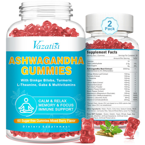 2 Pack Ashwagandha Gummies with Turmeric GABA Mood Energy and Immune Support, Mixed Berry Flavor 120 Cts
