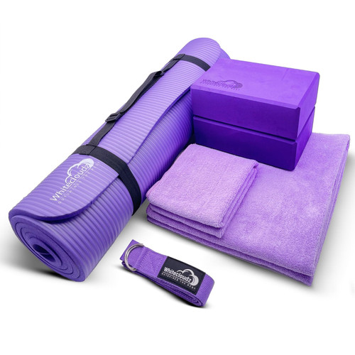 Yoga Kit - 7-Piece Set, Thick Mat, Blocks, Strap, Towels, Carrying Bag - Enhance Home Practice