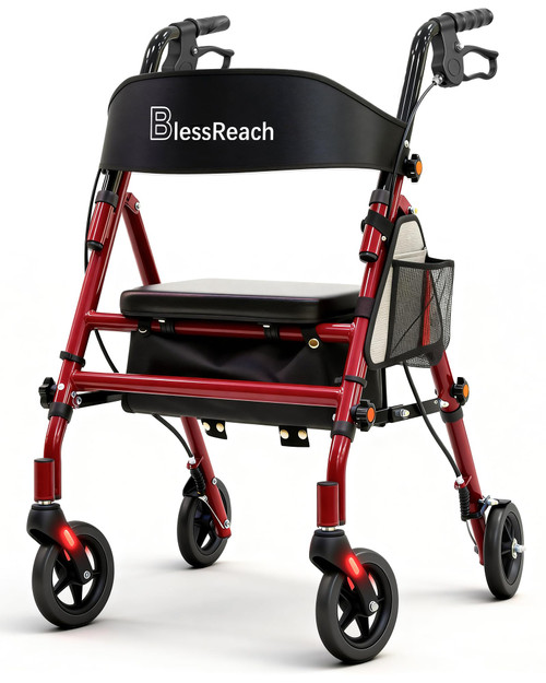 BlessReach Lightweight Foldable Rollator Walkers with Seat for Seniors, 350 lb Capacity, 5-Position Adjustable Height, Premium Hybrid Rolling Walker - Aluminum and Carbon Steel (Red)
