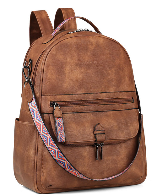 FADEON 15.6 inch Leather Laptop Backpack Purse for Women, Designer Travel PU Backpack with Laptop Compartment for Work Brown