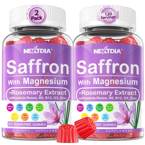 Saffron Supplements Gummies - 4 Months Supply - Saffron Extract 177mg 88.5mg, w/Magnesium Glycinate 400mg 200mg, Rhodiola Rosea, Rosemary, B6 B12 D3 for Calm, Nerve, Rest, Focus, Sugar-Free, 2 Pack