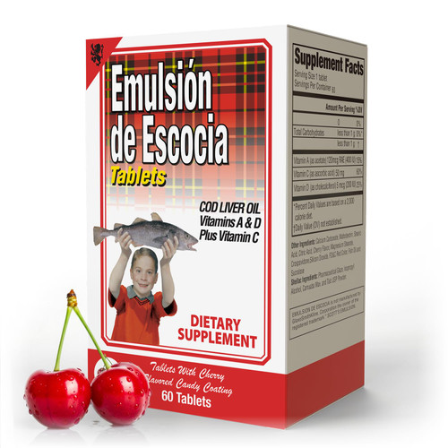 Emulsion De Escocia Cod Liver Oil, Dietary Supplement, Vitamins A, B1, D and E, Immune System Support, Cherry Flavor (60 Tablets/Pack of 1)