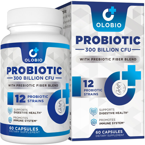 OLOBIO 300 Billion CFU Probiotic, 12 Strains with 3 Organic Prebiotics, Probiotics for Women and Men, Daily Supplement for Digestive, Immune, Gut & Bloating Health, Shelf Stable, Vegan, 60 Counts