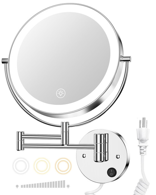 Gospire 9” Wall Mounted Lighted Magnifying Mirror, 1X/10X Magnification Double-Sided LED Bathroom Mirror, 3 Color Lights & Stepless Dimming with Touch Sensor, Extendable Arm 360° Swivel for Shaving