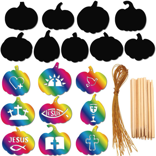 Jenaai 36 Pcs Halloween Christian Scratch Paper Crafts Kit for Kids Fall Religious Pumpkins Paper Crafts Sunday School Craft Bulk of Rainbow Pumpkins Scratch Craft for Kids DIY Party Ornaments Decor