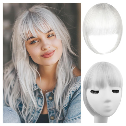 NAZOFCIH Silver Gray Clip on Bangs – Realistic Synthetic Hair Extensions, French Style Fake Bangs for Women, Thick Faux Bangs for Daily Wear