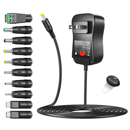 Belker 36W Universal 3V 4.5V 5V 6V 7.5V 9V 12V AC DC Power Adapter Supply with USB C tip for Household Electronics Routers TV Boxes LCD CCTV Cameras - 0.5A 1A 1.5A 2A 2.5A 3A 2500mA Max.