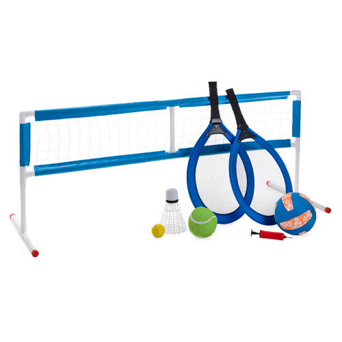 HearthSong 3-in-1 Kids Outdoor Active Game Set with Tennis, Badminton and Volleyball, 58.5" L x 40" W x 24.5" H, Includes Standard Volleyball and Tennis Ball, Oversized Birdie and Tennis Ball