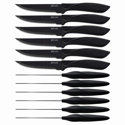 HISSF Steak Knife Set Of 12, Black Stainless Steel Sharp Blade Flatware Steak Knife Set, 4.5 Inches,Non stick coating for Anti-rusting, For Restaurant Tableware Kitchen Camping