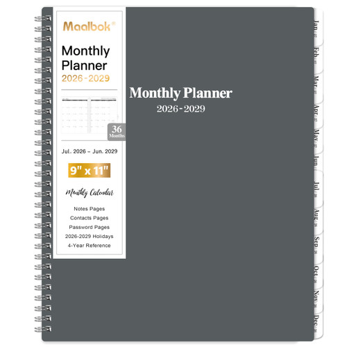 2026-2029 Monthly Planner/Calendar - July 2026 - June 2029, 3 Year Months Planner 2026-2029, 9'' x 11'', 36 Monthly Tabs, 2-Side Pocket, Gray