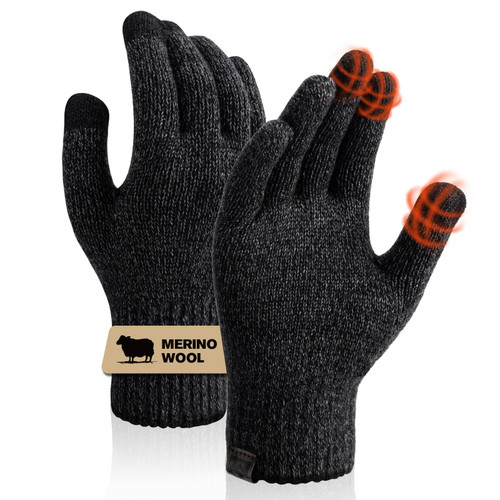SONORAN Merino Wool Gloves, Touch Screen Liner Base Layer Warm Gloves with Thermal Soft Knit Lining for Driving Running Hiking L (Black Gray)