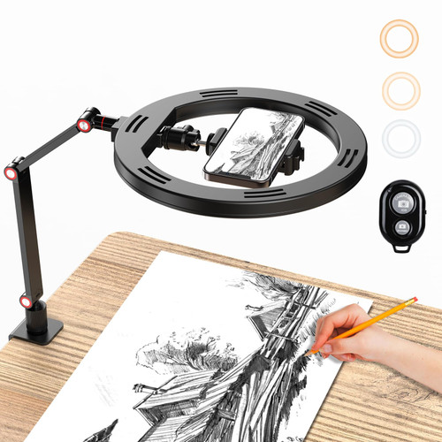 10" Ring Light with Stand and Phone Holder, APEXEL USB Ring Light for Desk with Remote Control, Overhead Camera Mount with Adjustable Arm and C-Clamp for Photography/Makeup/Live Stream Video/YouTube