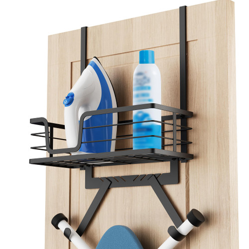 KES Over The Door Ironing Board Holder, Ironing Board Hanger Door Mount with Storage Shelf Y and T Shaped Fits for 1 3/8 Doors Matte Black, HIR501A-BK