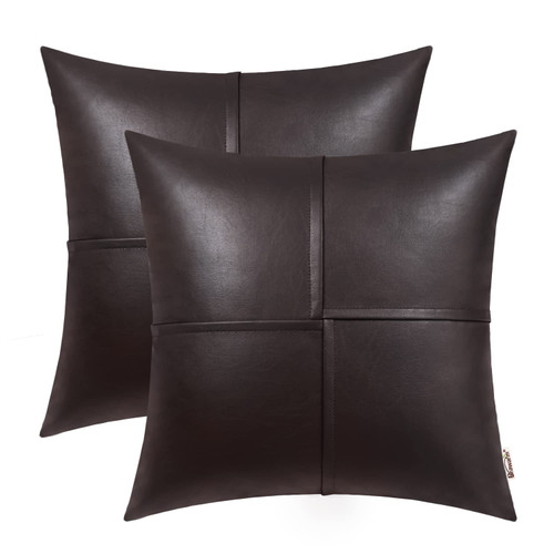 BRAWARM Faux Leather Throw Pillow Covers 22 X 22 Inches, Seal Brown Leather Pillow Covers Pack of 2, Hand Stitched Leather Decorative Throw Pillows for Couch Sofa Bed Living Room Home Garden