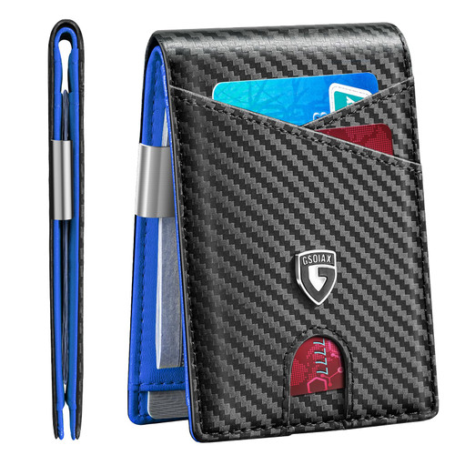 GSOIAX Slim Leather RFID Bifold Wallet for Men Minimalist Front Pocket Wallet with Money Clip,12 Card Slots,ID Window,Cool Groove Design,Includes Gift Box (Carbon blue)