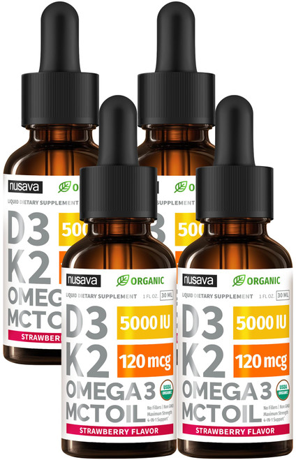 (4 Pack) Organic Vitamin D3 K2 Drops with MCT Oil Omega 3, 5000 IU - Maximum Strength Vitamin D Liquid, No Fillers, Non-GMO Liquid D3 for Faster Absorption and Immune Support (Strawberry, 4 Fl Oz)