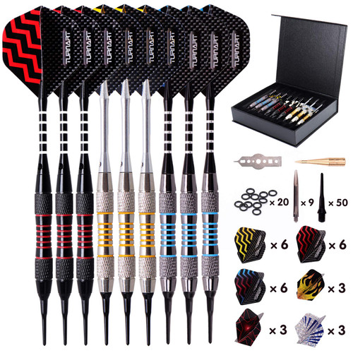 Turnart Darts Plastic Tip - Professional Soft Tip Darts Set for Electronic Dartboard 9 Pcs 18 Grams with 50 Extra Tips 9 Shafts 27 Flights Tool Kit Flight Protectors and Gift Darts Case (Tungsten)