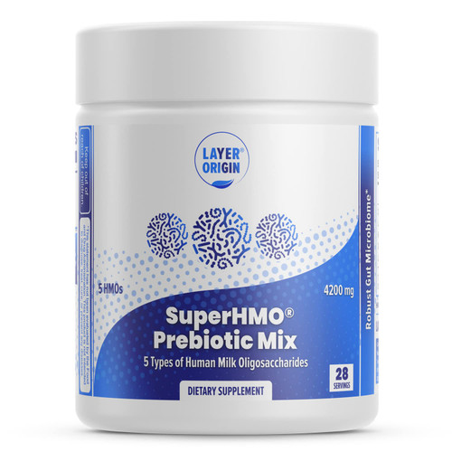 Layer Origin SuperHMO Prebiotic Mix with 5-HMO Prebiotic Fiber for Gut, Digestion, Brain Health - Powder, 28 Servings