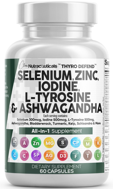 Clean Nutra Selenium 300mcg Iodine 500mcg Thyroid Support for Women & Men | L Tyrosine 500mg Ashwagandha Supplement Bladderwrack, Turmeric, Kelp, Schisandra Zinc Pills Capsule Supplements