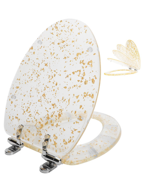 Gold Resin Toilet Seat Elongated with Easy Clean & Change Hinges, Soft Close Quick Release Heavy Duty Toilet Seats with Glitter Cover Acrylic Seats (Elongated 19Inch, Gold Foil, Upgraded hinge) Gold Resin Toilet Seat Elongated with Easy Clean & Change Hinges, Soft Close Quick Release Heavy Duty Toilet Seats with Glitter Cover Acrylic Seats (Elongated 19Inch, Gold Foil, Upgraded hinge)