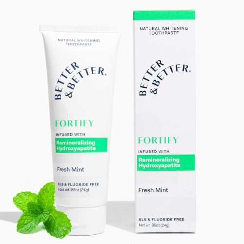 Better & Better Fortify Fluoride Free Toothpaste | Hydroxyapatite & SLS Free | Mini Tube | Remineralizing & Non Toxic w/Organic Mints | Vegan & Whitening Sensitive Toothpaste