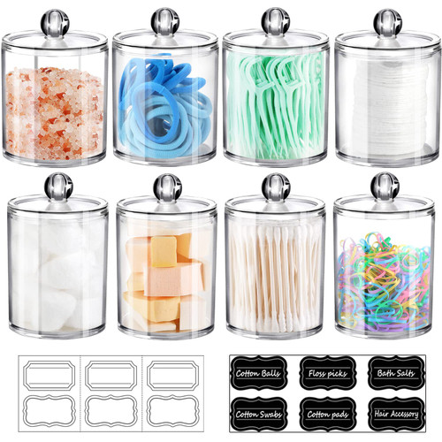 SheeChung 8 Pack Clear Acrylic Apothecary Jars with Labels,(4) 12oz & (4) 10oz Qtip Holder Set,Shatterproof Bathroom Vanity Organizer for Cotton Swabs,Balls,Pads,Bathroom Essentials,Minimalist Decor