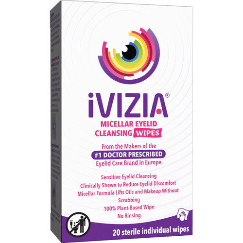 iVIZIA Eyelid Cleansing Wipes for Sensitive Eyelid Cleansing, Preservative-Free, Micellar, No Rinse, Gentle Eye Makeup Remover, 20 Sterile Single-Use Wipes for Eyelids Packaging May Vary
