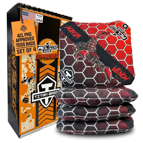 Titan Bags Venom Cornhole Bags - ACL PRO Approved Cornhole Bean Bags for Tournaments, Versatile & Durable Regulation Cornhole Bags Ideal for Indoor/Outdoor Toss Games - Honeycomb, Death Red (4 Pack)