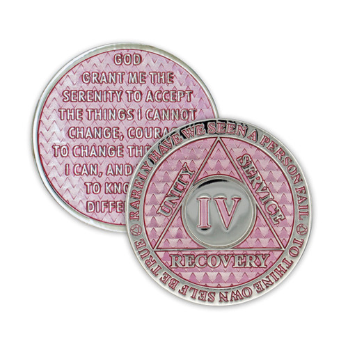 4 Year Sobriety Coin | Legacy AA Chip | Thick Triplate Recovery Anniversary Token (Pink)