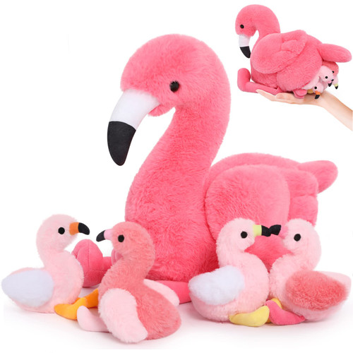 MorisMos Plush Flamingo Stuffed Animal-18 Inch Mommy Stuffed Flamingo with 4 Baby Bird Plush Toys Inside Zipper Tummy, Pink Bird Stuffed Animals Gift for Girl Women Decor Birthday Christmas Valentines
