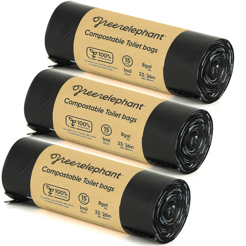 Green Elephant Portable Camping Toilet Bags – Compostable Potty Bags for Portable Toilet, Wag Bag Human Waste Kit, Fits 5-Gallon Buckets, Biodegradable Outdoor Waste Solution, 15 Count, 8 Gal