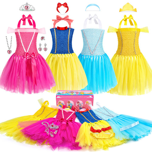 BIBUTY Princess Dress Up Clothes for Little Girls 3-6, Pretend Play Princess Costume Set with Princess Dresses Crown (Classic)