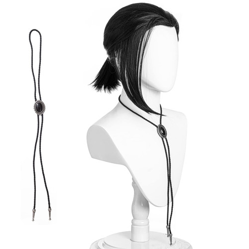 Adult Men Short Black Pigtail Synthetic Hair Wigs with Bolo Tie for Costume Cosplay Halloween Party