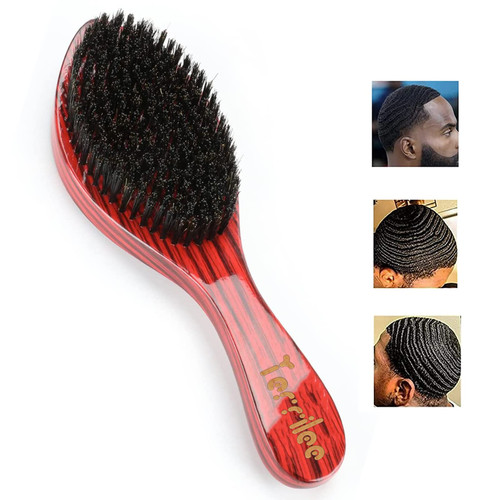 Premium Palm Wave Brush - Medium Hard Palm Curved Wave Brushs for Men - Made with Nature Beech & Black Mix Bristle Men's Hair Brush Wave Brush For Men 360 (Red wood grain)