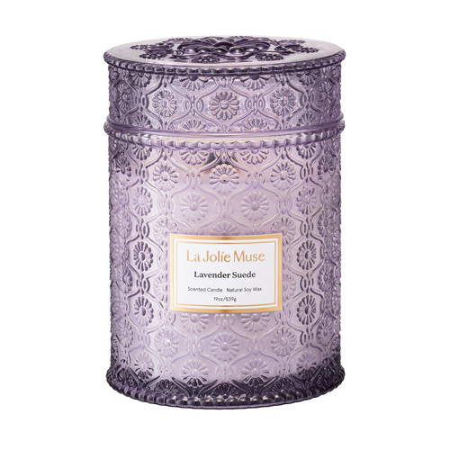 LA JOLIE MUSE Lavender Suede Candle – Eucalyptus, Lavender & Sandalwood 19 oz Large Wooden Wick Candle | Natural Soy Wax | 90 Hours Clean Burn | Aromatherapy Candle for Relaxation