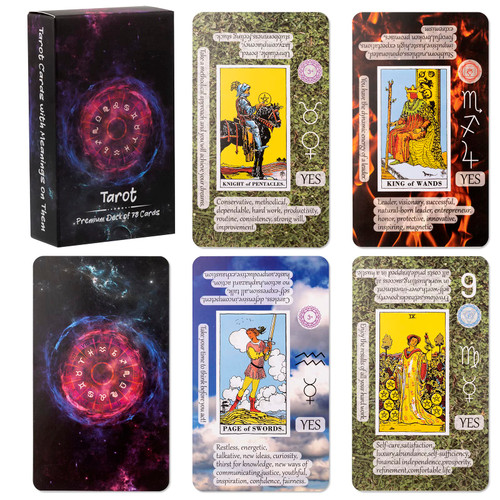 Prophet Tarot Cards with Meanings on Them, Learning Tarot Cards Set for Beginner, Deck Fortune Telling Game, Keywords, Chakra, Planet, Zodiac, Element, Yes or No, Affirmations