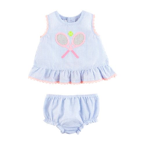 Mud Pie Baby Girls Tennis Seersucker Pinafore Set, 9-12M