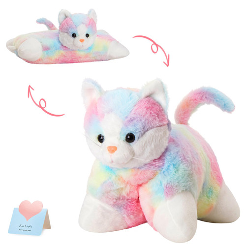 Glow Guards 16" Rainbow Cat Plush Pillow,Cute Kitty Stuffed Animal Soft Lovely Colorful Toy,Bedtime Sofa Decors,Christmas Birthday Children's Day Hoilday Gift for Toddler Kids